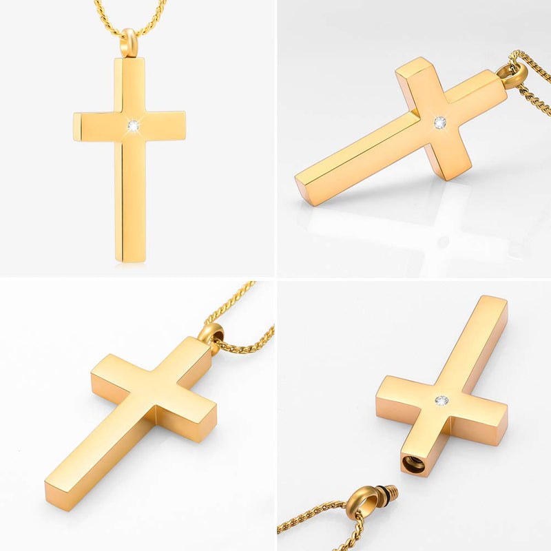 [Australia] - Imrsanl Crystal Cross Necklace for Ashes - Stainless Steel Keepsake Cremation Jewelry - Religious Cross Memorial Urn Necklace for Pet Human Ashes Pendant Gold 