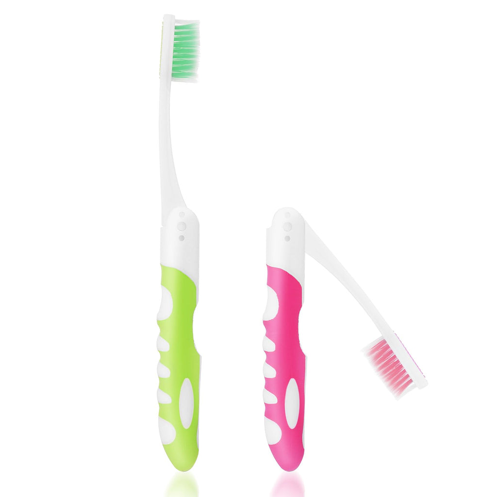 [Australia] - Ouligay 2Pcs Travel Toothbrush Folding Toothbrush Portable Soft Toothbrush Small Foldable Travel Toothbrushes for Travel Camping Hiking Green Pink 1 count (Pack of 2) 