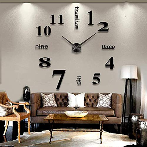 [Australia] - CUGBO DIY Wall Clock Modern Large 3D Wall Clock Mirror Stickers Home Office Decor,Black Black 