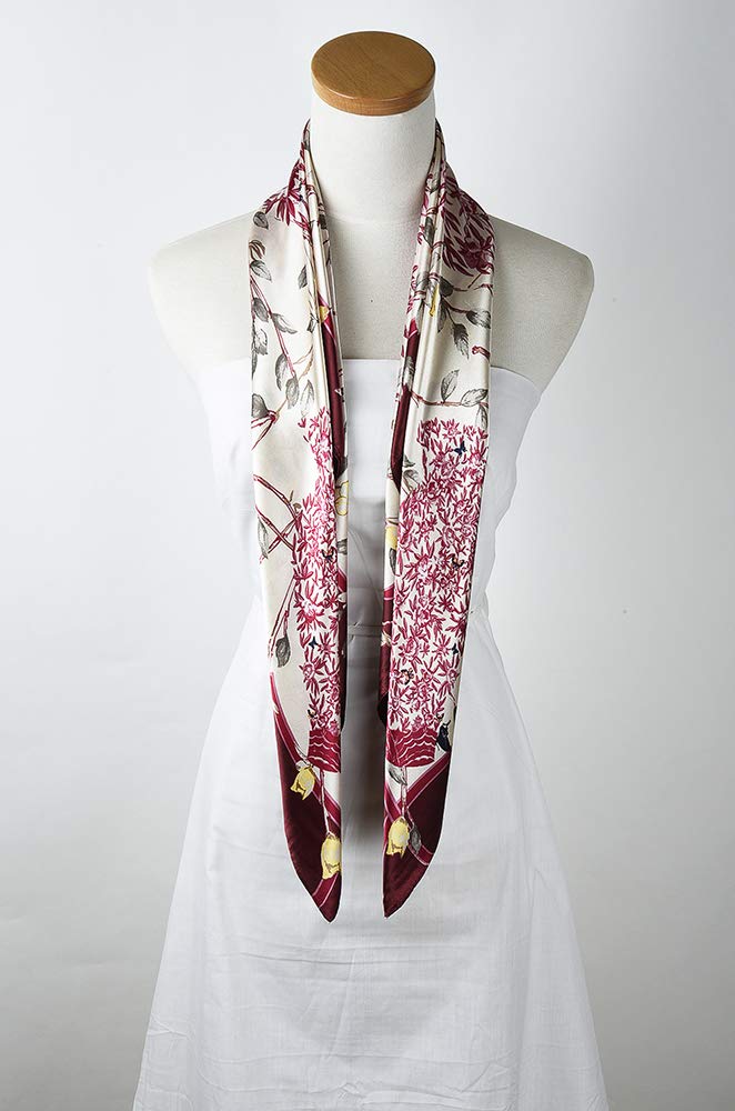 [Australia] - Corciova Square Stain Silk Like Hair Wrapping Scarves Night Sleeping Head Scarf 370 Burgundy Branches Birds Flowers 