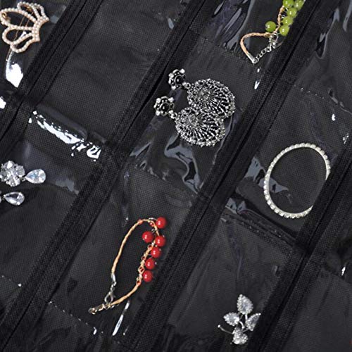 [Australia] - 32 Pockets Visible Hanging Jewelry Organizer Non-Woven Jewelry Holder Carrier with 18 Hook and Loops for Girls/Women Rings, Necklaces, Bracelets, Earrings (Black) Black 