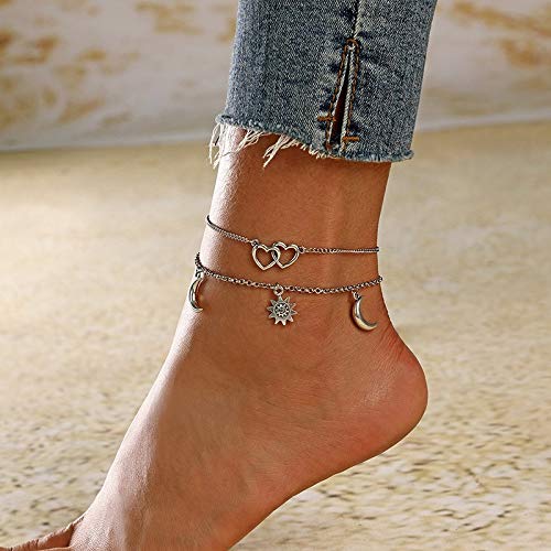 [Australia] - Dresbe Vintage Layered Anklets Silver Heart Ankle Bracelet Sun and Moon Foot Chain Beach Foot Jewelry Accessories for Women and Girls 