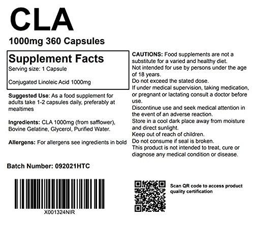 [Australia] - Conjugated Linoleic Acid 360 Capsules, High Strength CLA Tonalin 1000mg Softgels Capsules Supplement UK Made. Pharmaceutical Grade Omega 6 Oil from Safflower 