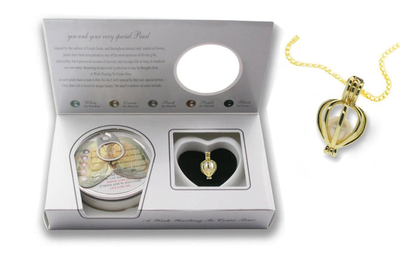 [Australia] - Pearlina Cultured Wish Pearl in Oyster Necklace Set Gold Plated Cage Locket w/ Stainless Steel Chain 18" 