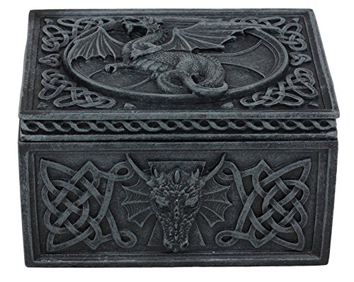 [Australia] - Ancient Celtic Relic of The Dragon Chest Tombstone Hinged Jewelry Box Keepsake Sculpture Figurine for Fantasy Collector Medieval Magic Fans 