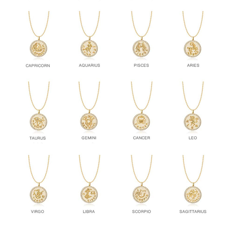 [Australia] - ACC PLANET Constellation Necklace Pendant 14K Gold-Plated Hammered Round Disc Engraved Zodiac Sign Pendant 16.9’’ Adjustable Dainty Necklace Gemini 