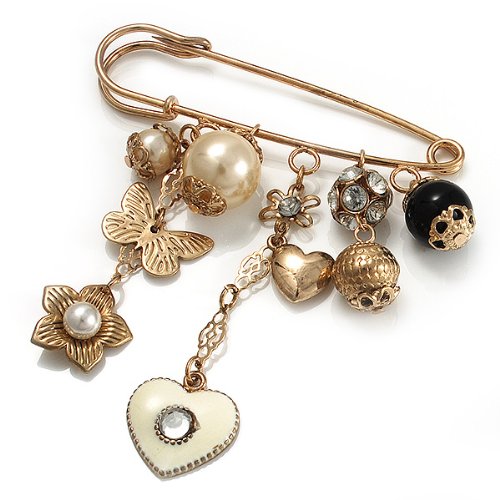 [Australia] - Avalaya 'Heart, Butterfly, Flower & Bead' Charm Safety Pin (Gold Tone) 