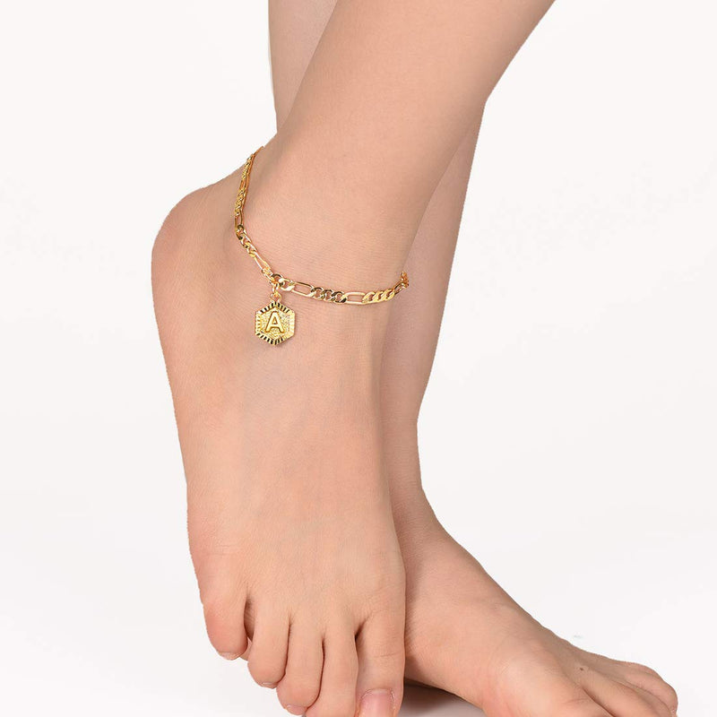 [Australia] - U7 Monogram A-Z Ankle Bracelets for Women Men 18K Gold Plated 4.5mm Figaro Chain Initial Anklet Name Bracelet with Letter Alphabet Foot Jewelry with 2 Inch Extender,with Custom Engrave,Gift Packed Letter A 