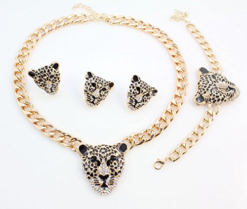 [Australia] - Cool Leopard Head Bracelet Earrings Necklace Ring Set 18k Gold Plated Rhinestone Chunky Curb Chain Costume African Jewelry Sets Jewelry Set 