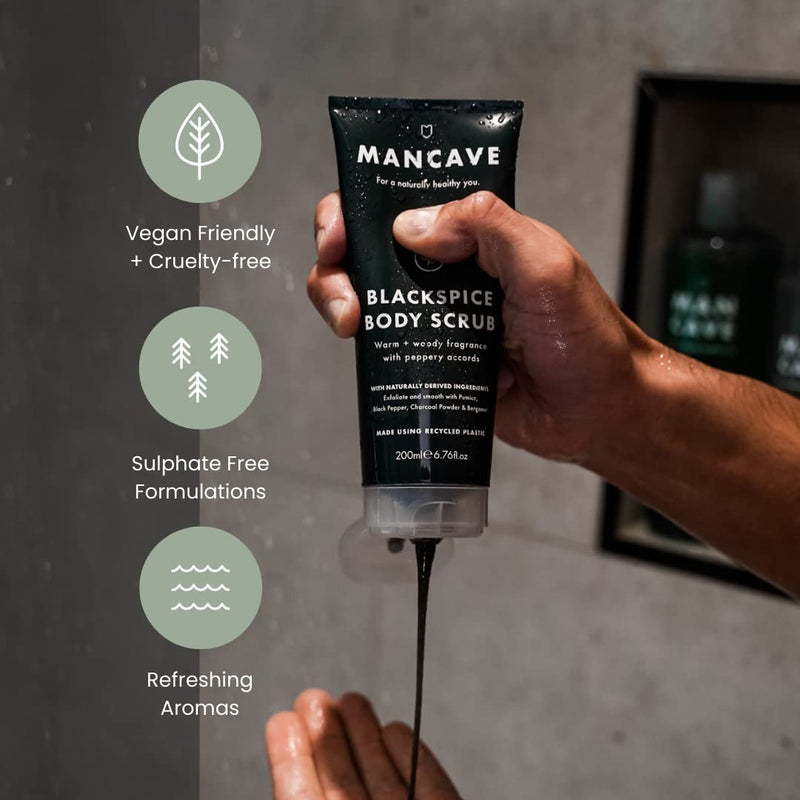 [Australia] - ManCave Blackspice Body Scrub 200ml for Men, Warm & Woody Aroma, Exfoliate & Cleanse Skin, Natural Formulation, Vegan Friendly, Tube made from Recycled Plastics 200 ml (Pack of 1) 