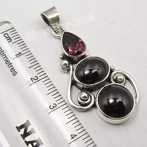 [Australia] - SilverStarJewel Solid Sterling Silver Cabochon Garnet 3 Stone Pendant 1.6" Fashion Wholesale 