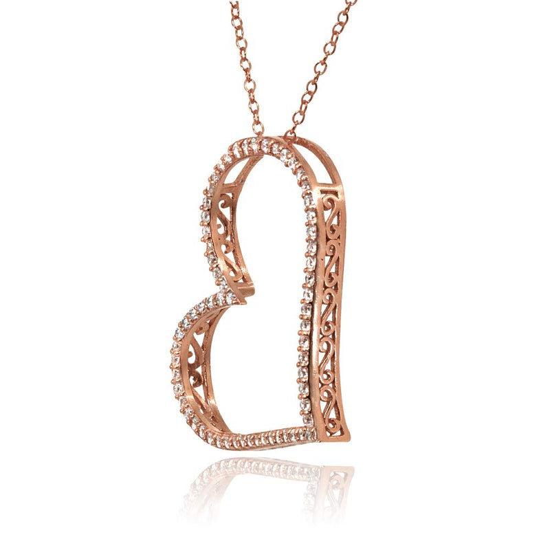 [Australia] - Sterling Silver Cubic Zirconia Large Sideways Heart Slide Pendant Necklace rose-gold-flashed-silver 