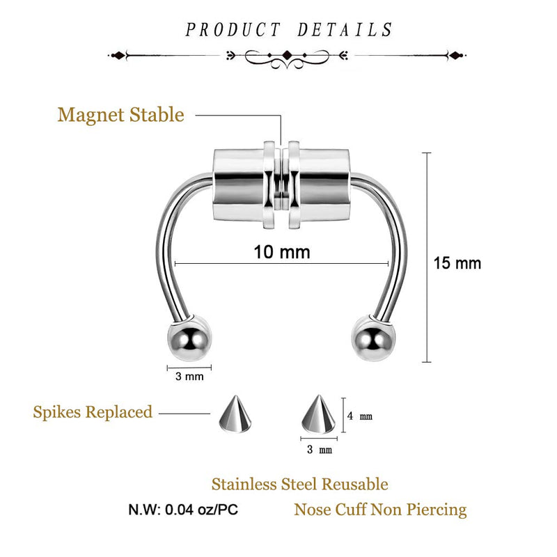 [Australia] - CLASSYZINT Magnetic Septum Fakes Nose Rings Horseshoe Nose Rings Hoops 316L Stainless Steel Reusable Nose Cuff Non Piercing for Women Men Steel 3 Pcs,with Replace Spikes Black-1 pair 