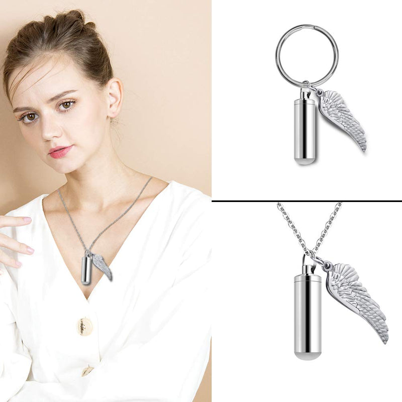[Australia] - Cylinder Cremation Urn Necklace for Ashes Memorial Keepsake Pendant with Angel Wing Stainless Steel Remembrance Jewelry Silver M non-engraving 