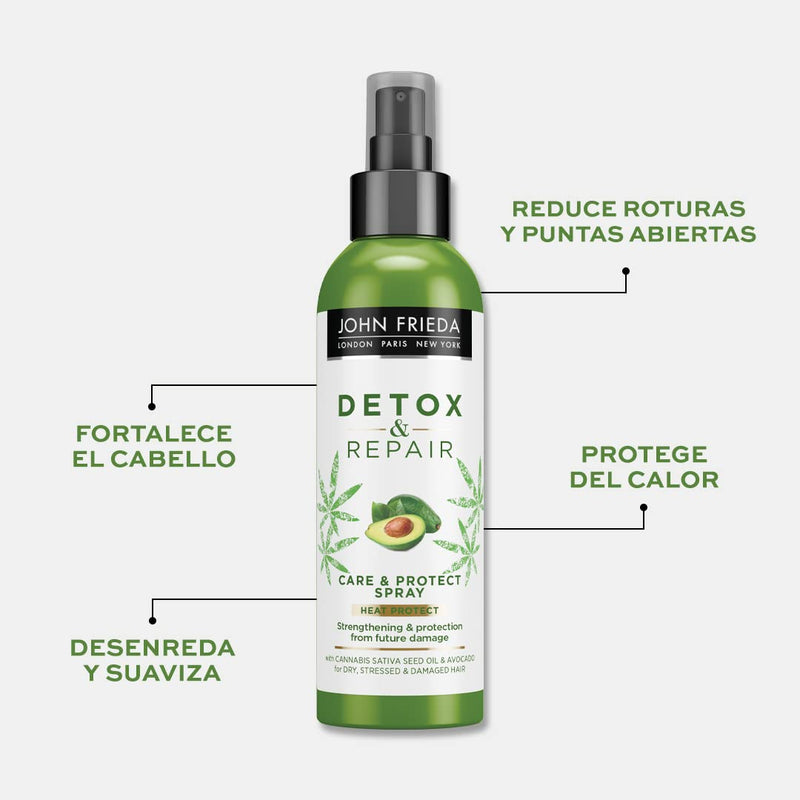 [Australia] - John Frieda Detox & Repair Care & Protect Heat Protection Spray 200ml for Dry, Stressed & Damaged Hair with Cannabis Sativa Seed Oil & Avocado Detox + Repair 