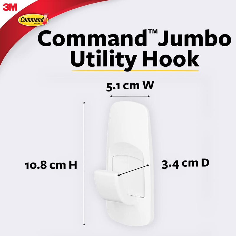 [Australia] - Command Jumbo Utility Hook, White, 1-Hook, 4-Strips, Organize Damage-Free 1 Hook 