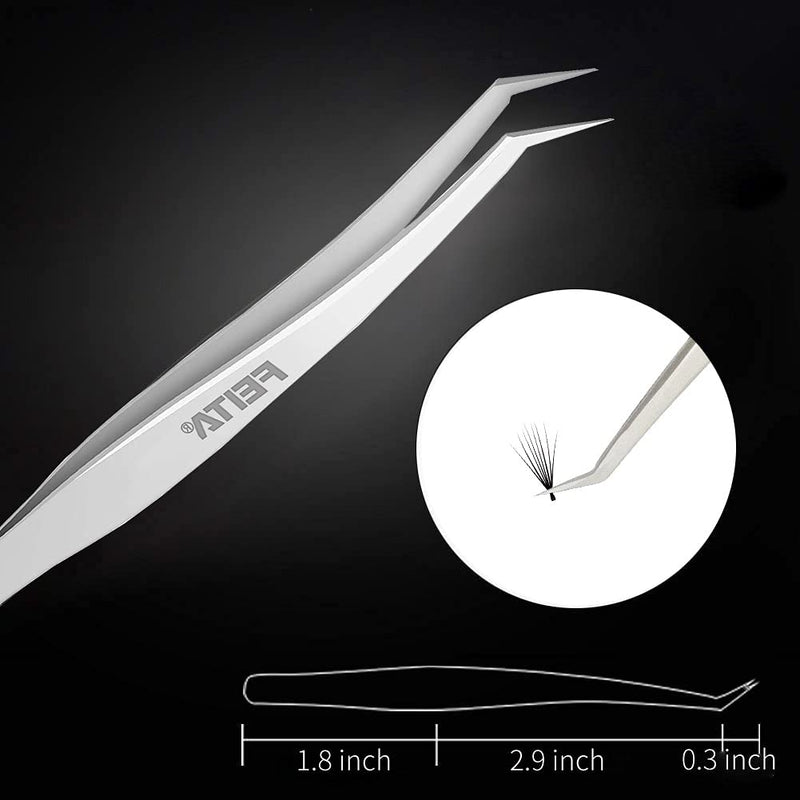 [Australia] - Volume Eyelash Extension Tweezers - FEITA Professional Stainless Steel Angled Curved Pointy Precision Tweezer Set for Single Lash, 3D-6D Volume Lashes, Hair Removal (2 Pcs) 