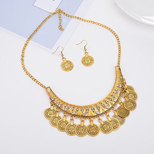 [Australia] - MIXIA Dancing Gypsy Jewelry Ethnic Coin Bib Necklace Drop Earring 2 Pcs Jewelry Set Women Exotic Bohemian Accessories Antique gold 
