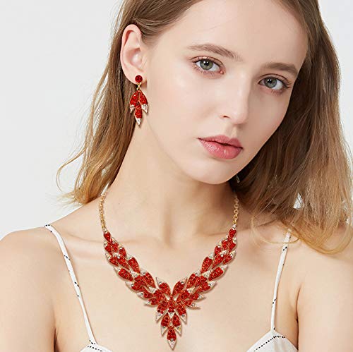 [Australia] - Flyonce Austrian Crystal Wedding Flower Leaf V-Shaped Necklace Earrings Set for Women Red Gold-Tone 