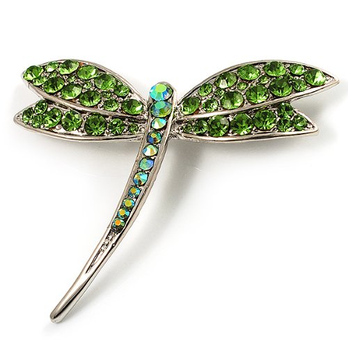 [Australia] - Avalaya Classic Grass Green Swarovski Crystal Dragonfly Brooch (Silver Tone) 