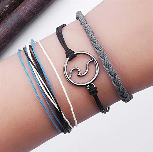 [Australia] - SUNSH 3PCS Handmade Braided Woven Anklet Bracelets for Women Girls Wave Charm Hippie Boho Beach Surf Friendship Bracelet Wax String Adjustable Mom Daughter Sister Friends Gifts Black 