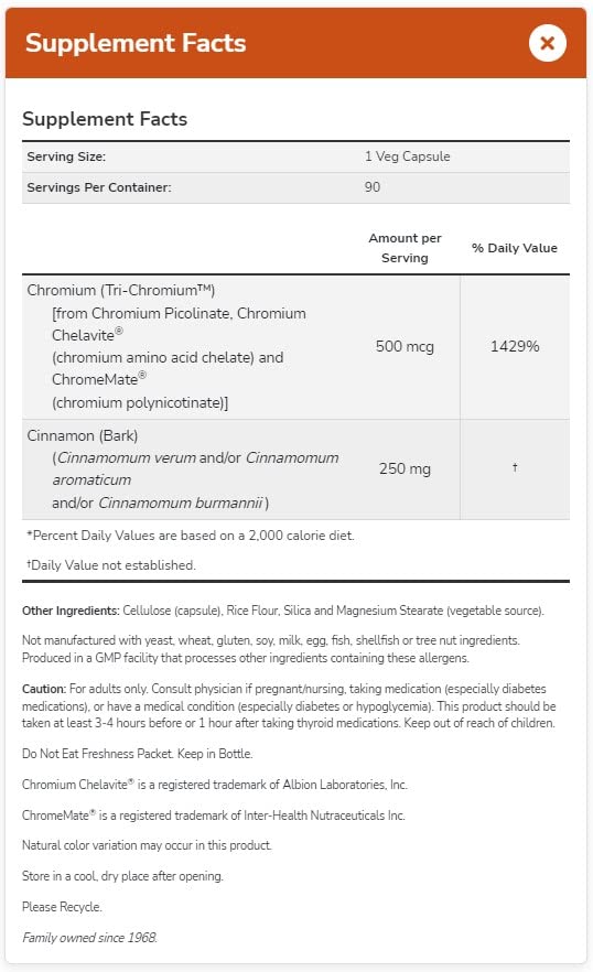 [Australia] - NOW Supplements, Tri-Chromium™ 500 mcg with Cinnamon, Insulin Co-Factor*, 180 Veg Capsules 180 Count (Pack of 1) 