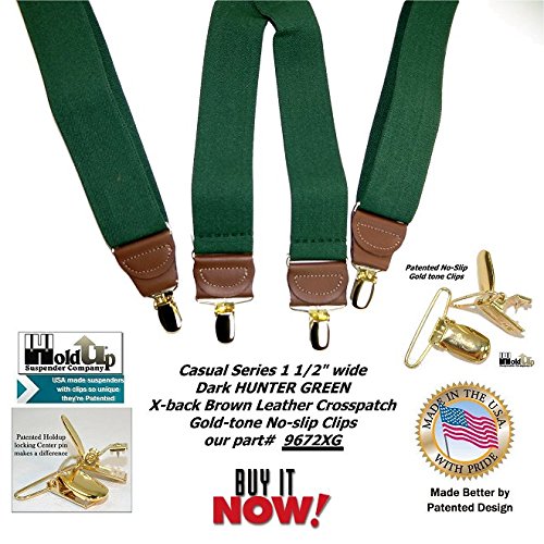 [Australia] - Holdup Suspender Company's Dark Hunter Green Men's Clip-On Suspenders with X-Back Style and Gold No-slip Clips 