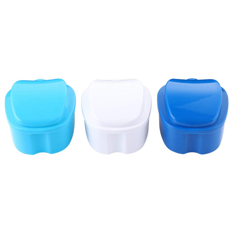 [Australia] - EXCEART 3Pcs Denture Bath Case Denture Cup with Strainer False Teeth Storage Box with Baskett Net Container Holder for Travel, Retainer Cleaning Case White Light Blue Dark Blue 