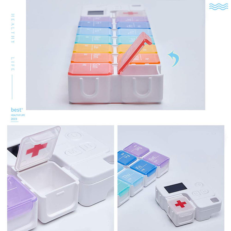 [Australia] - Portable Pill Box with Smart Reminder Alarm, 14 Grids Intelligent Electronic Digital Timer AM and PM Medicine Dispenser, Weakly Pill Organiser for Outdoor Travel Work 