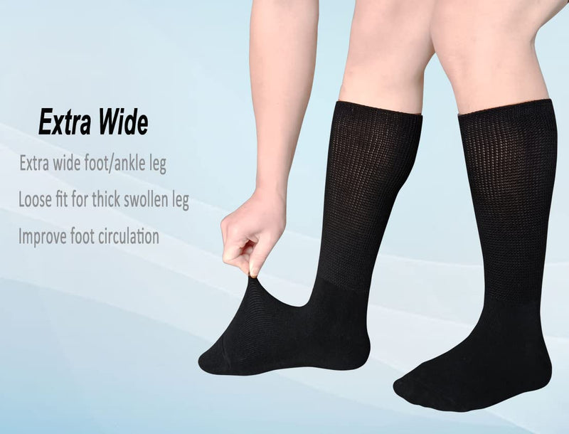 [Australia] - Extra Wide Bariatric Socks Non Binding Diabetic Sock for Lymphedema Swollen Edema Cast Leg Super Wide Calf for Men Women Elderly Sensitive Swelling Foot (Black/2 Pairs) Black 