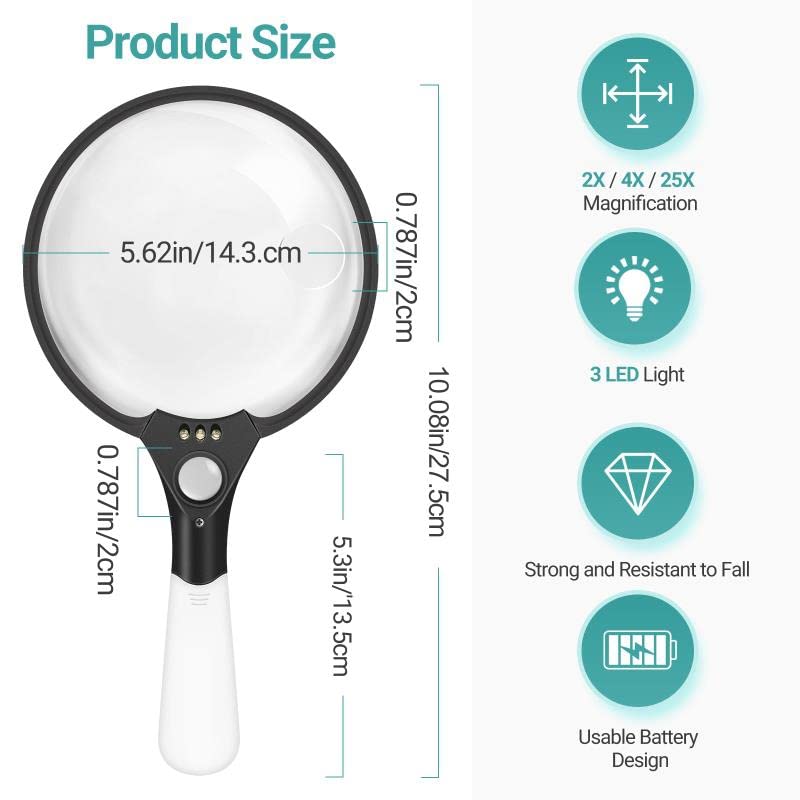 [Australia] - Magnifying Glass with Light, 5.5 Inch Large Magnifier 2X 4X 25X Zoom Magnifying Glass Lens with 3 Bright LED Illuminated Lighted Handheld Magnifier for Seniors Reading, Stamps, Map Black 1 