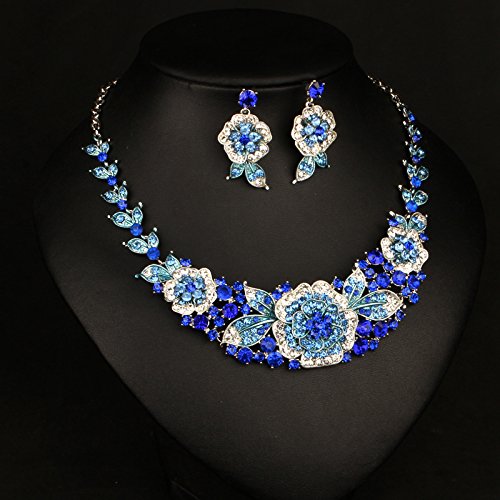 [Australia] - ENUUNO Prom Costume Jewelry for Women Flowers Crystal Choker Chain Charm Necklace and Earrings Sets Women Blue alloy 