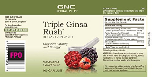 [Australia] - GNC Herbal Plus Triple Ginsa Rush, 100 Capsules, Supports Vitality and Energy 