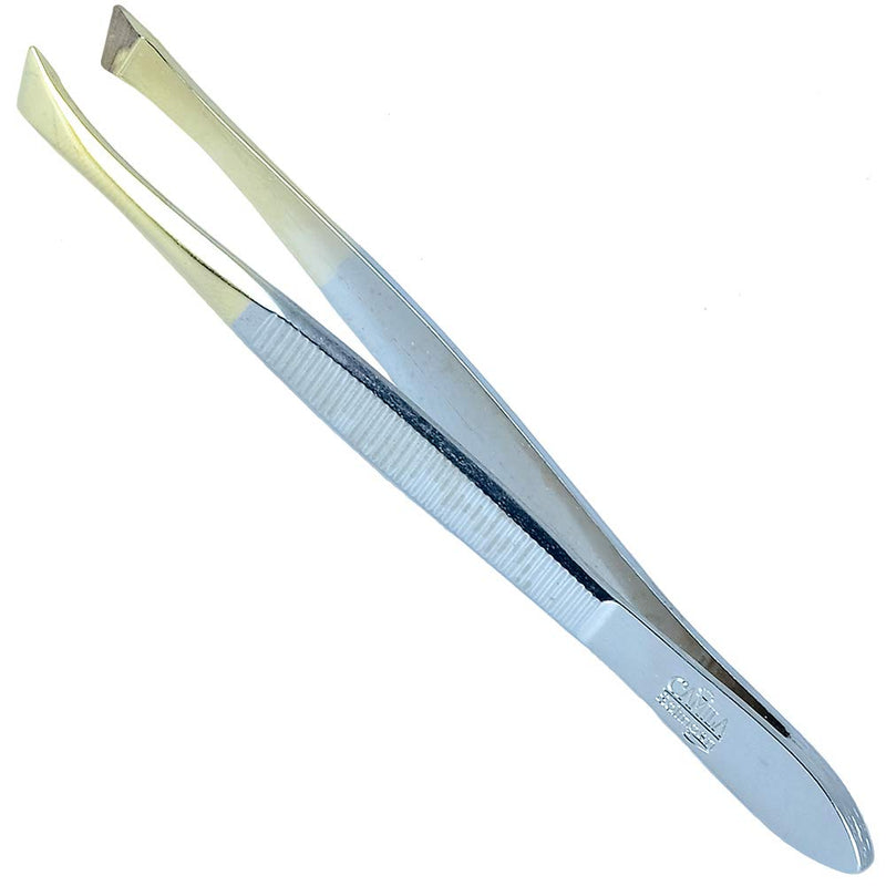 [Australia] - Camila Solingen CS29 3 1/2" Gold Tipped, Surgical Grade, German Stainless Steel Tweezers (Slanted) - Flawless Eyebrow and Facial Hair Shaping and Removal for Men/Women Slanted 