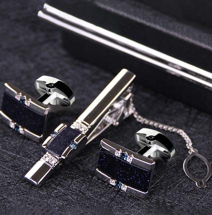 [Australia] - BagTu Starry Sky Cufflinks and Tie Clip Set with Gift Box and Greeting Card, Galaxy Dark Blue Cufflinks and Tie Clip Gift Set for Men 