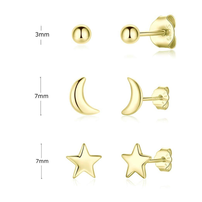 [Australia] - Gulicx 3 Pairs Silver Stud Earrings Set for Women Girls, Hypoallergenic 925 Stering Silver Tiny Round Ball Star Moon Stud Earring,Small Sleeper Cartilage Helix Studs Earring (Silver, Gold，Rose Gold) Gold Earrings Set 