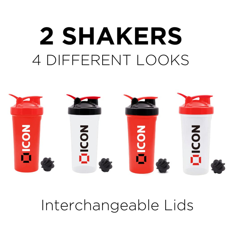 [Australia] - ICON Protein Shaker Bottle (Pack of 2), 100% Leak Proof 700ml Protein Shaker - Clear & Red Clear and Red 