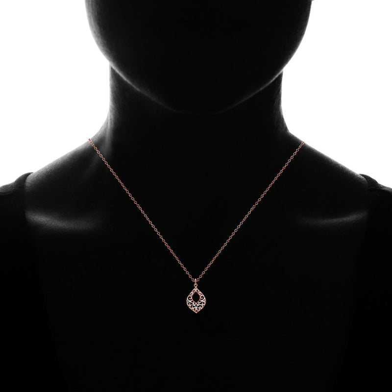 [Australia] - Sterling Silver Diamond-cut Filigree Open Teardrop Necklace Rose Gold Flashed 