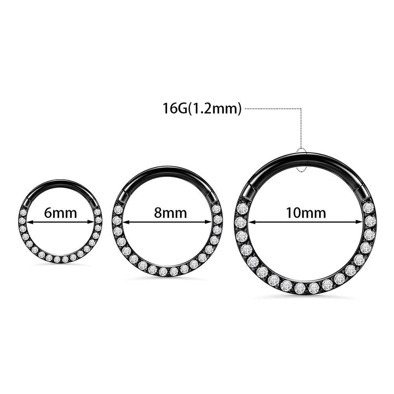 [Australia] - PEAKLINK 16G 18G 316L Stainless Steel CZ/Opal Septum Piercing Clicker Ring Hinged Nose Rings Hoop Black+CZ 16G-3/8"(10mm) 