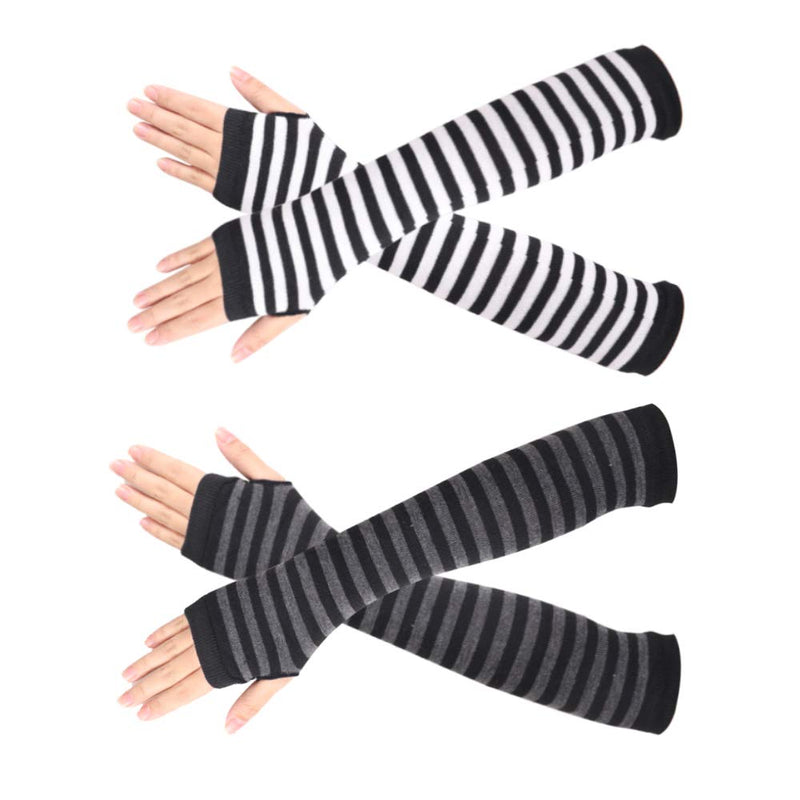 [Australia] - unisex Long Fingerless Gloves for Women Arm Warmers Knit Thumbhole Stretchy Gloves 2pairs（black-white/Black-gray） 