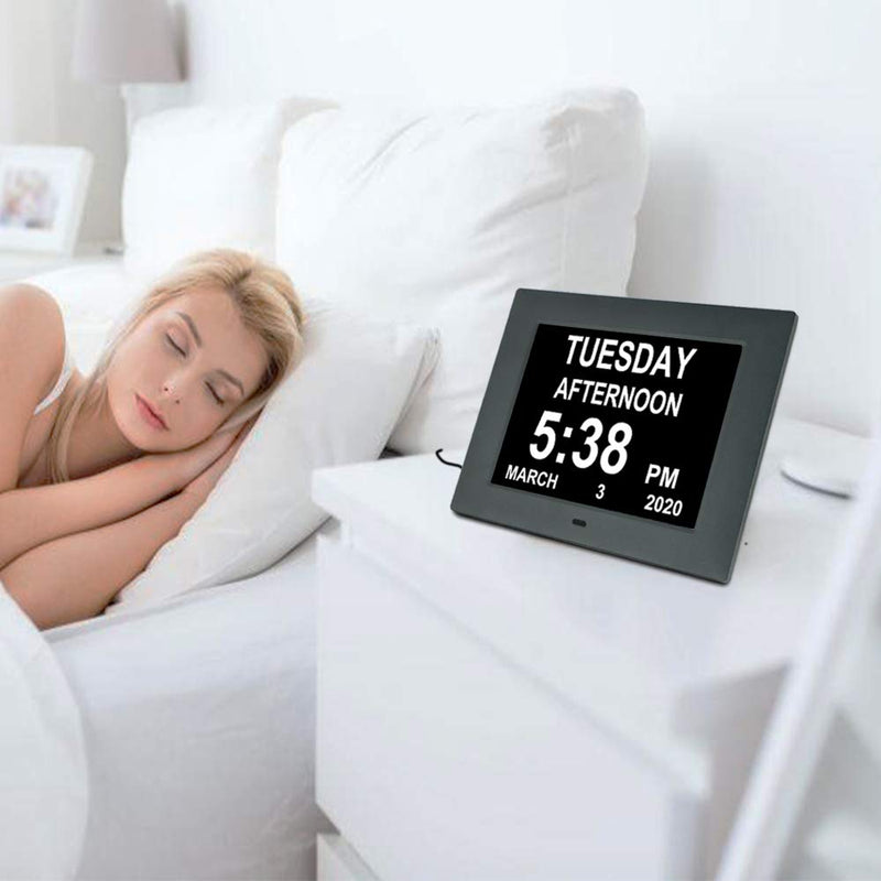 [Australia] - LaMi 7 inch Digital Day Calendar Clock with 8 Alarm ,Auto-Brightness,Extra Large Non-Abbreviated Date Day Time Dementia Clock for Elderly, Seniors,Vision Impaired 7 Inch Black 