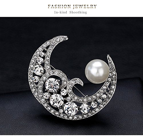 [Australia] - Dwcly Sparkling Crystal Cresent Moon Big Freshwater Pearl Brooch Pin Wedding Party Banquet Jewelry 