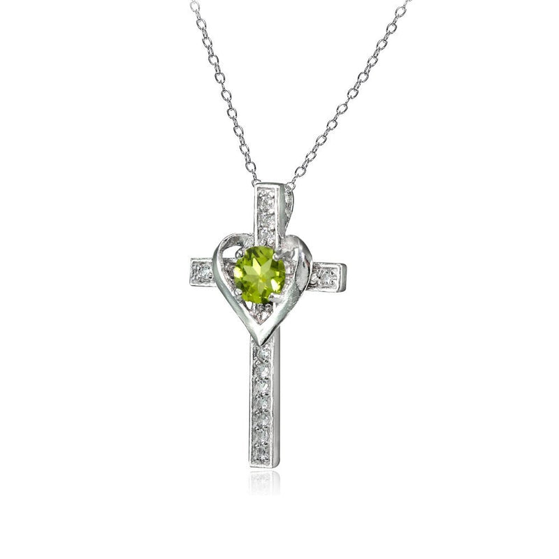 [Australia] - Sterling Silver Genuine or Synthetic Gemstone Heart in Cross Necklace for Women Girls August - Peridot 