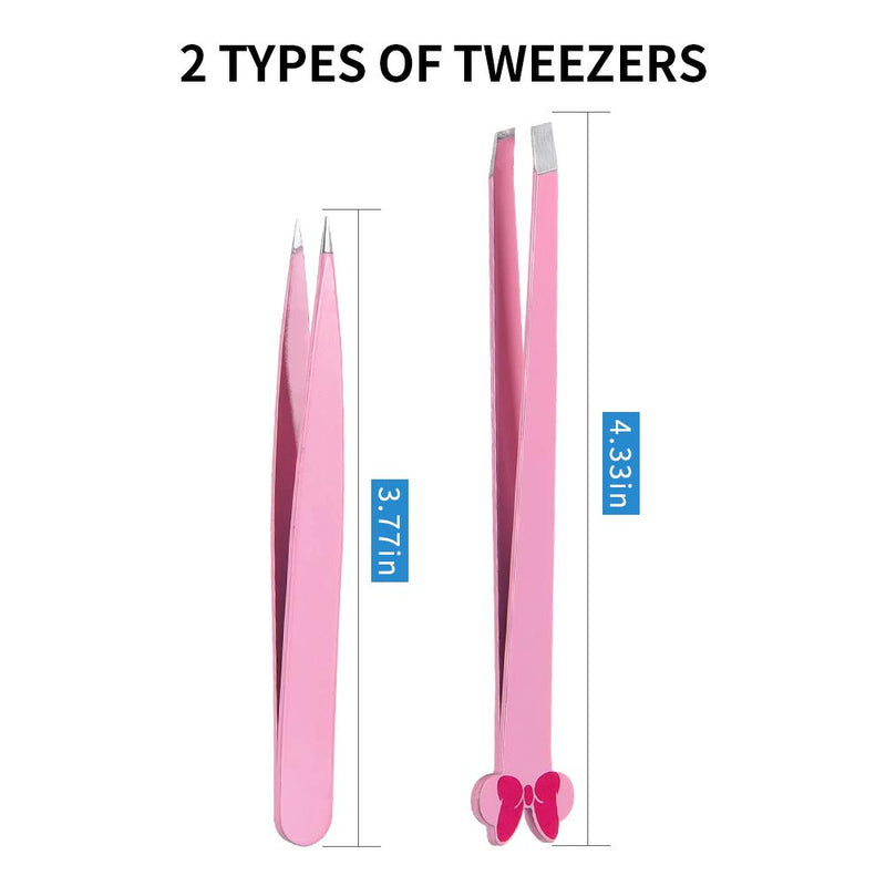 [Australia] - Eyebrow Tweezers Set - Professional Stainless Steel Slant Tip And Pointed Tweezer With Travel Case Great Precision - Perfect For Facial Hair,Ingrown Hair,Splinter,Blackhead Remover - EMEOW (Pink) Pink 