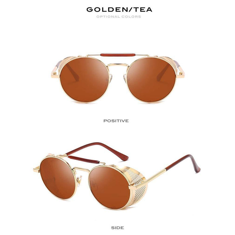 [Australia] - AidShunN Unisex SteamPunk Sunglasses Classic Retro Style Metal Round Goggle Golden/Tea 
