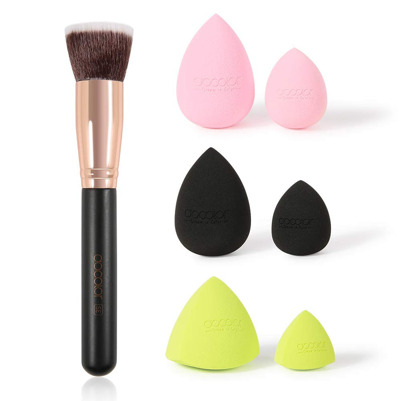 [Australia] - Docolor 6+1Pcs Liquid Foundation Brush with Makeup Sponges, Flat Top Foundation Synthetic Kabuki Brush & Professional Beauty Makeup Sponge Blender for Liquid Blending Mineral Powder Makeup Tools 