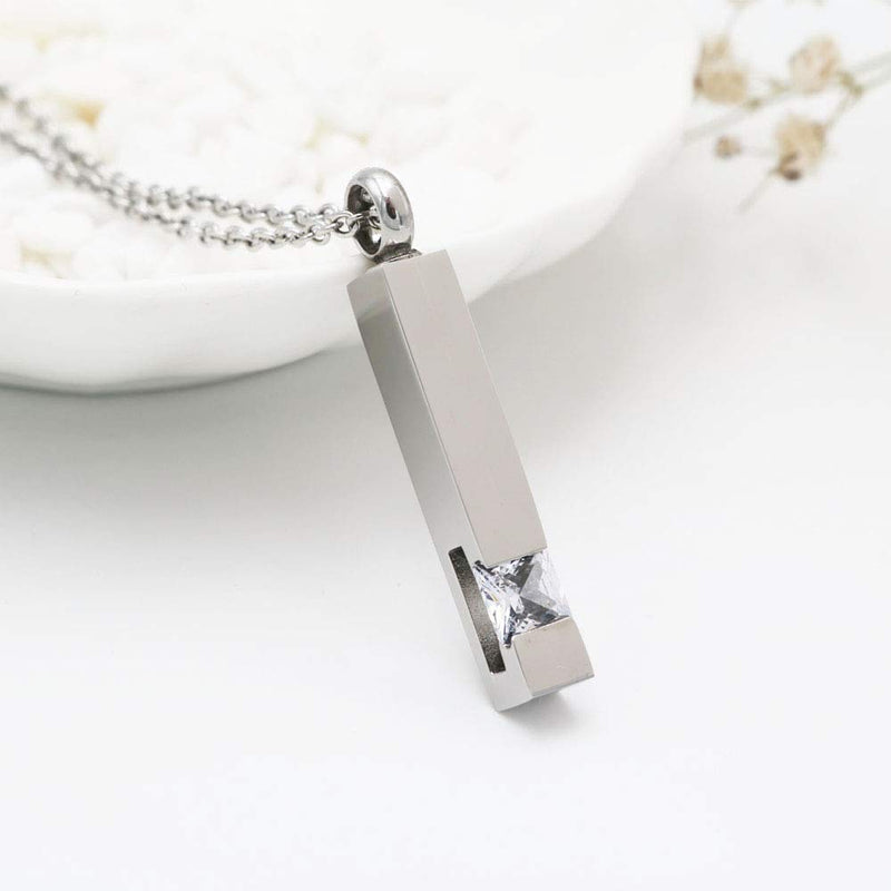 [Australia] - Silver Plating Crystal Bar Memorial Urn Necklace for Ashes Stainless Steel Keepsake Holder Urns Cremation Jewelry Pendant for Men/Women White 