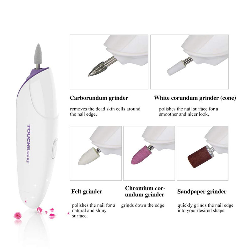 [Australia] - TOUCHBeauty Electric Nail File Drill Buffer Polisher Set with LED Light, Professional 5in1 Portable Manicure & Pedicure Kit for Natural Acrylic Nail Home Use,Nail Salon Battery Powered Purple TB-1333 