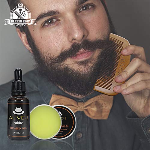 [Australia] - Beard Trimming Kit, 5 PCs Men Mustache Grooming Set - Organic Beard Oil(30ml)+Mustache Balm(30g) +Beard Brush+Beard Comb+ Professional Mustache Scissors for Styling Shaping & Growth 