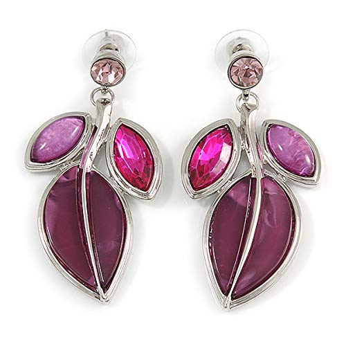 [Australia] - Avalaya Statement Purple/Magenta Glass, Crystal Leaf Necklace and Drop Earrings in Rhodium Plating - 40cm L/ 8cm Ext 